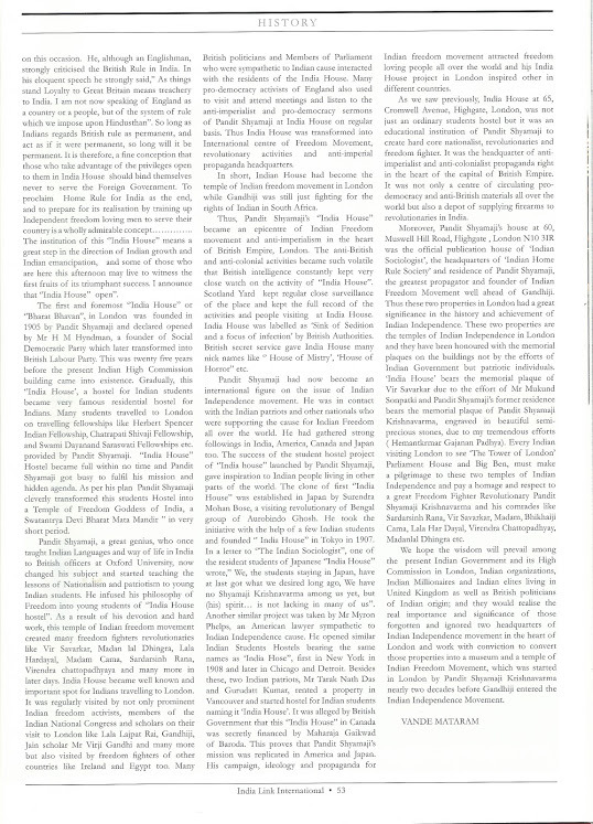 INDIALINK MAGAZINE ARTICLE ON INDIA HOUSE BY HEMANT PADHYA